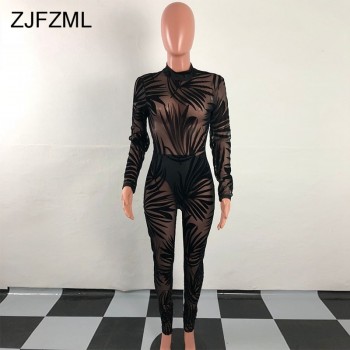 Bamboo Leaf Sheer Mesh Sexy Black Bodysuit Women Long Sleeve Perspective Bodycon Jumpsuit Casual O Neck Night Club Party Catsuit